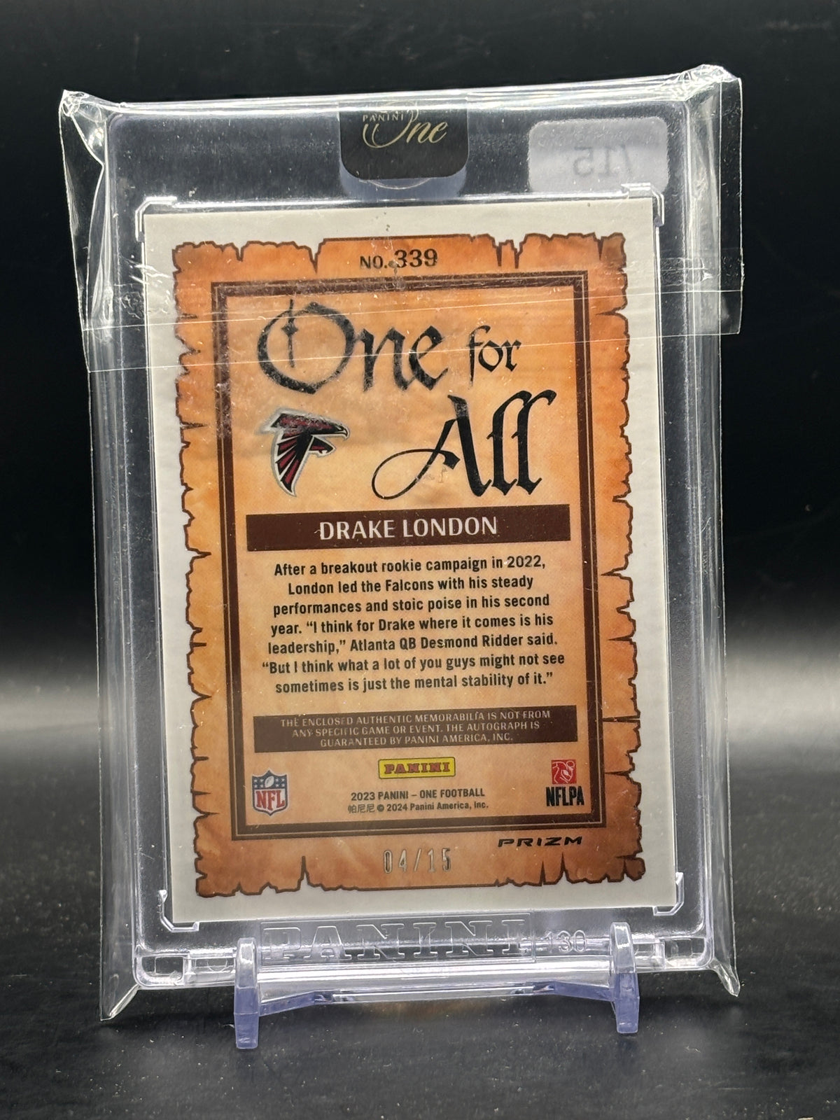 2023 Panini One NFL Drake London Atlanta Falcons Gold One For All Patch Auto 04/15