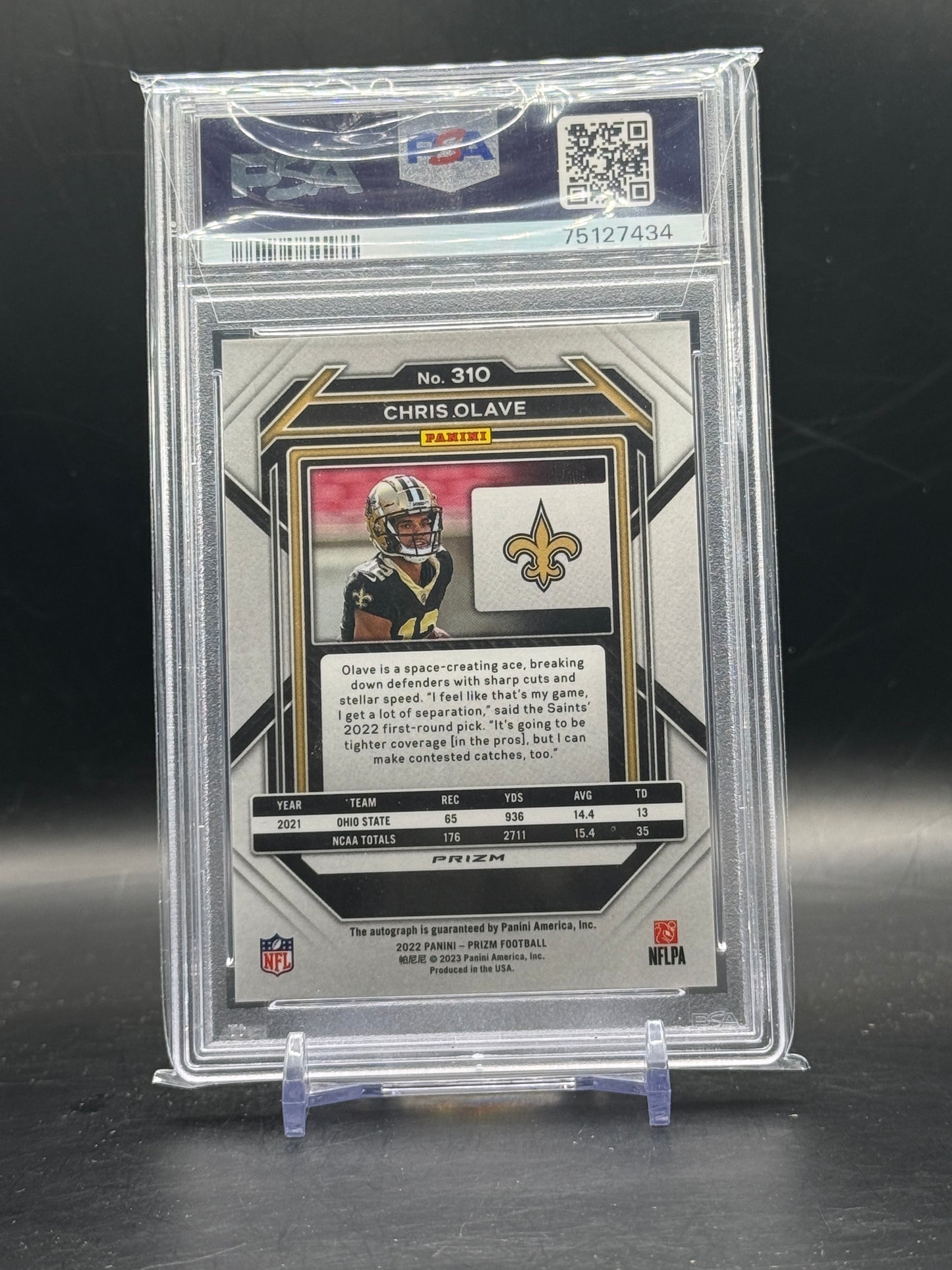 2022 Panini Prizm NFL Chris Olave New Orleans Saints No Huddle Auto PSA 9 Auto 10 75127434