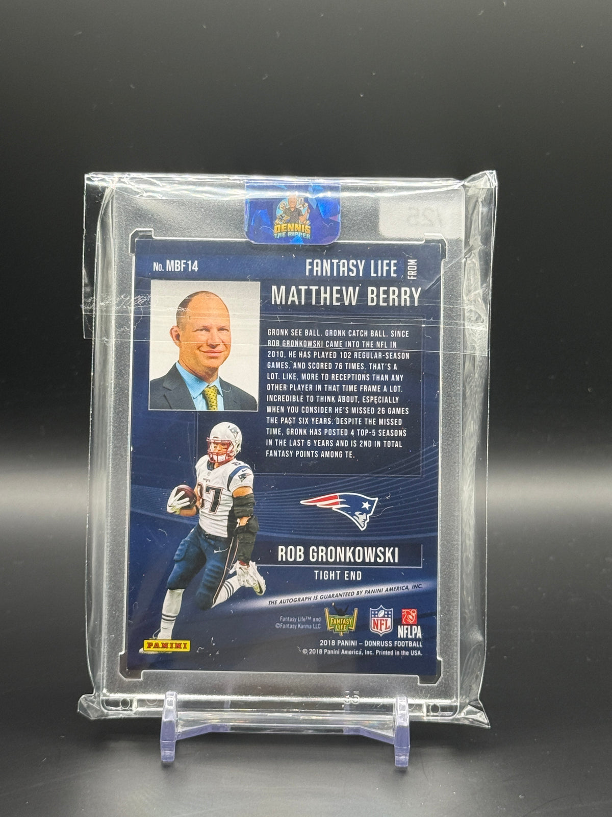 2018 Panini Donruss NFL Rob Gronkowski New England Patriots Matthew Berry Fantasy Life Auto 25/25