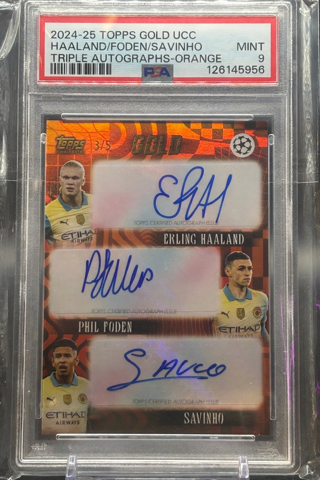 2024/25 Topps Gold Haaland Foden Savinho Triple Auto Orange 3/5 PSA 9 126145956