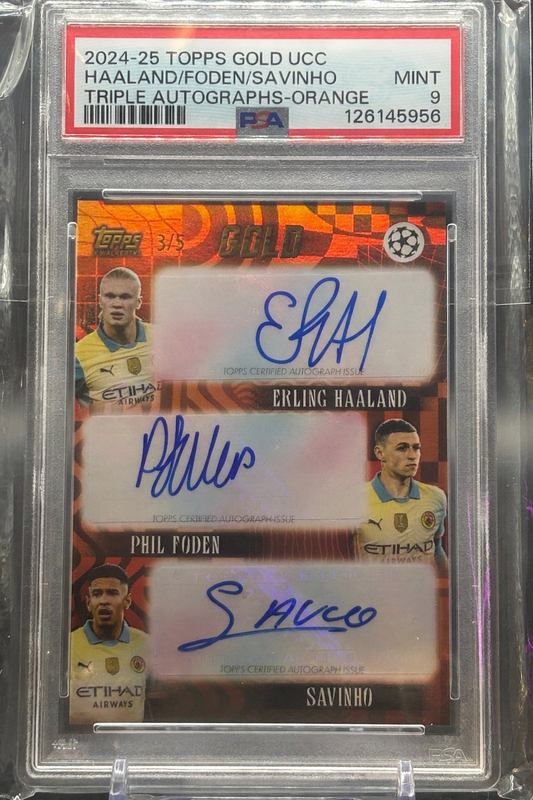 2024/25 Topps Gold Haaland Foden Savinho Triple Auto Orange 3/5 PSA 9 126145956