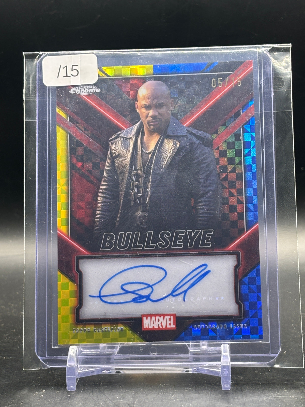 2025 Topps Deadpool Chrome Curtis Small Bullseye Wolverine Yellow & Blue X-Fractor Auto 05/15