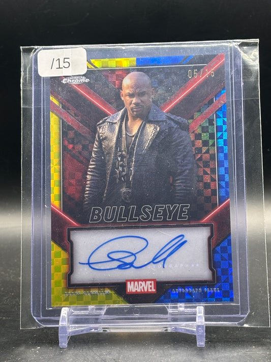2025 Topps Deadpool Chrome Curtis Small Bullseye Wolverine Yellow & Blue X-Fractor Auto 05/15