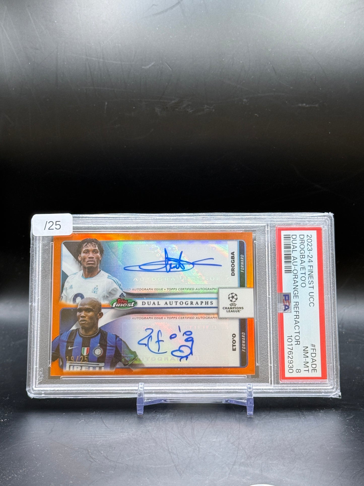 2023-24 Topps Finest UCC Drogba / Eto'o Marseille / Milan Dual Orange Auto 19/25 PSA 8 101762930