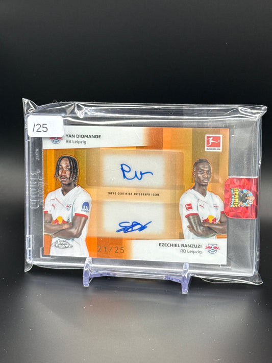2025-26 Topps Chrome Bundesliga Yan Diomande / Ezechiel Banzuzi RB Leipzig Dual Orange Auto 21/25
