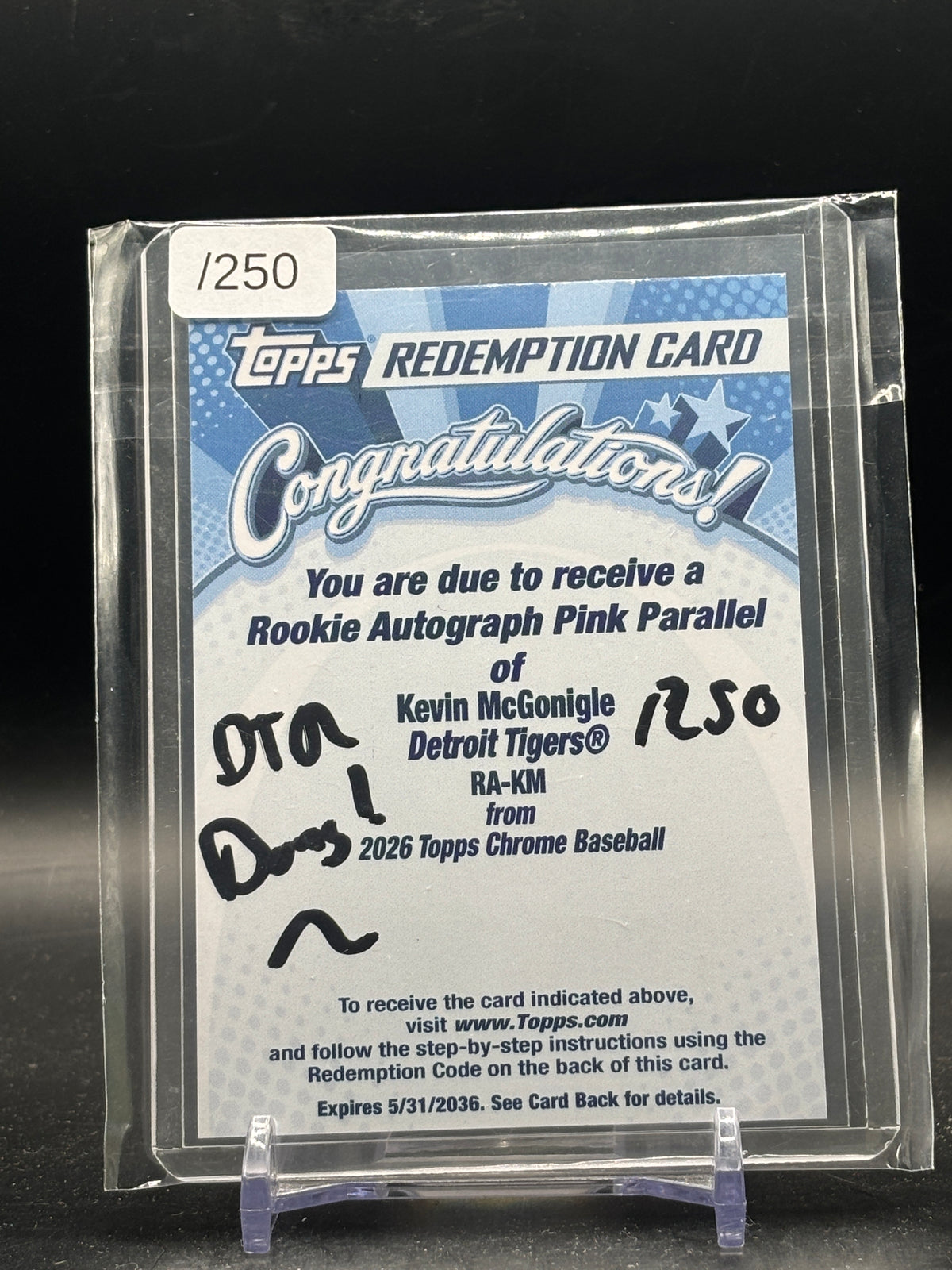 2026 Topps Chrome MLB Kevin McGonigle Detroit Tigers Pink Redemption Auto /250