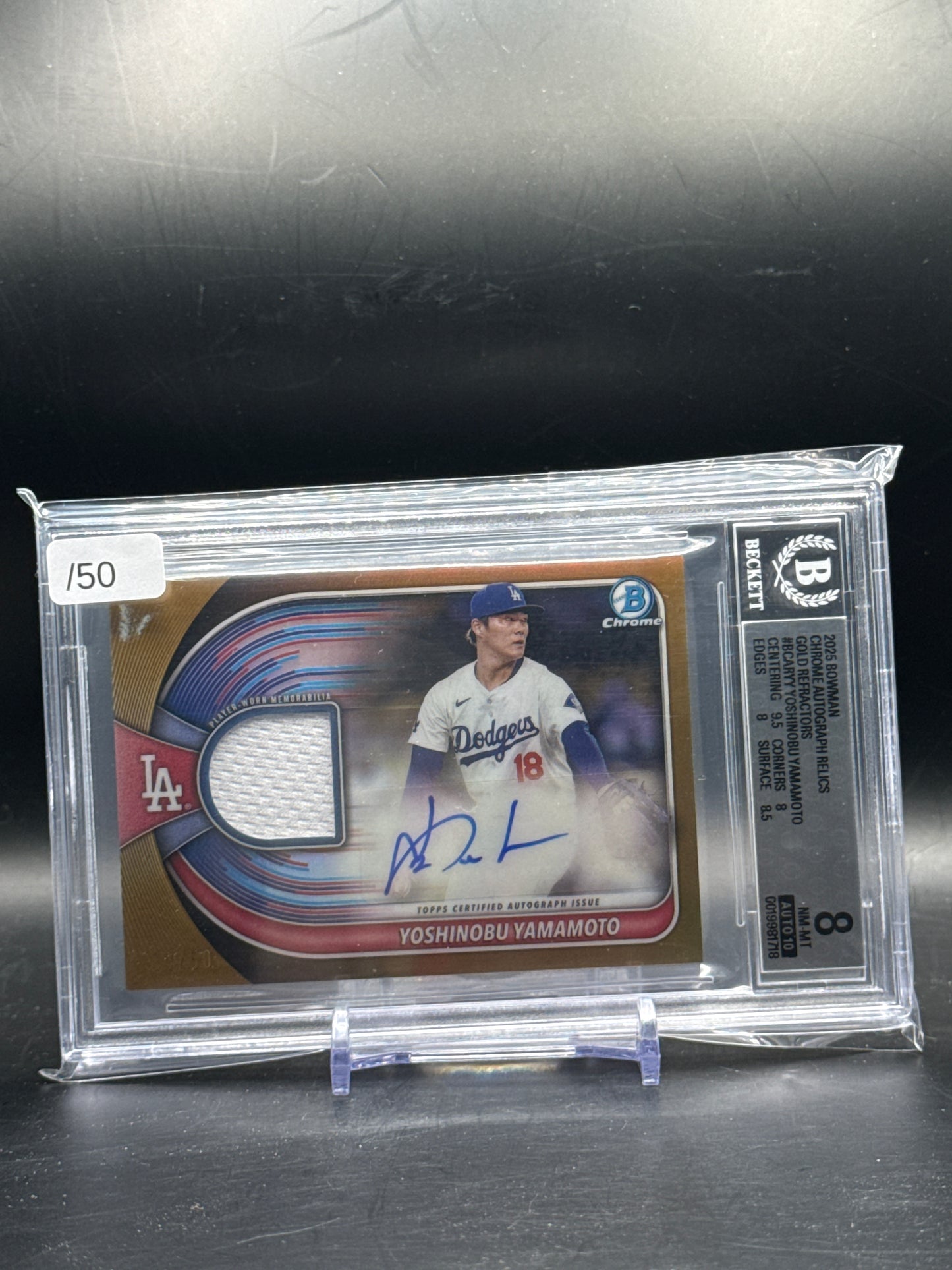 2025 Topps Bowmann MLB Yoshinobu Yamamoto Los Angeles Dodgers Gold Patch Auto 41/50 Becket 9 0019981718