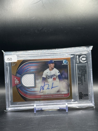 2025 Topps Bowmann MLB Yoshinobu Yamamoto Los Angeles Dodgers Gold Patch Auto 41/50 Becket 9 0019981718