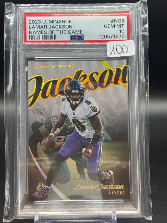 2023 Panini Luminance Lamar Jackson Names of the Game SP PSA10 120571675
