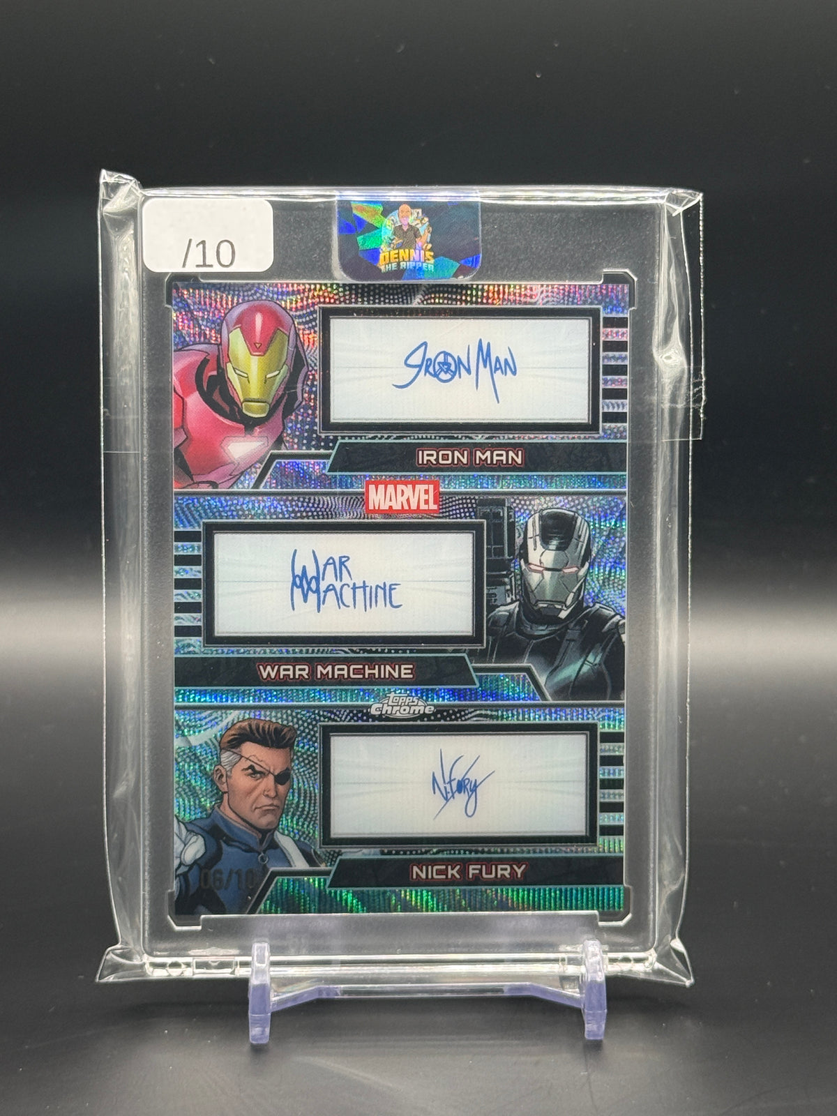 2026 Topps Chrome Marvel Comics Iron Man/ War Machine / Nick Fury Black Facsimile Auto 06/10