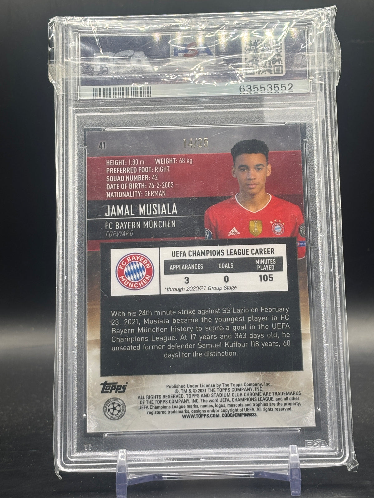 2020 Topps Stadium Club UCC Jamal Musiala FC Bayern München Orange 14/25 PSA 10 63553552