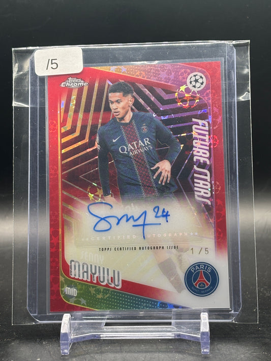 2025-26 Topps Chrome Logofractor UCC Senny Mayulu Paris Saint-Germain Red Auto 1/5