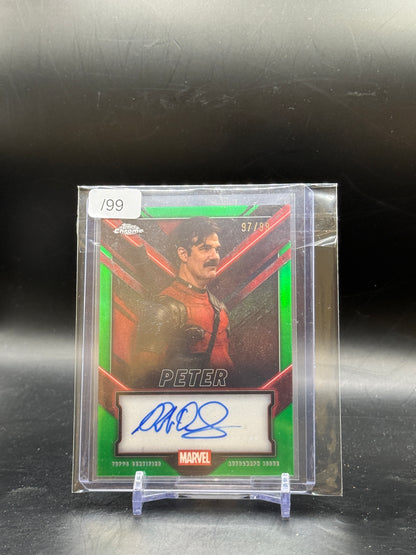 2025 Topps Chrome Deadpool Peter Rob Delaney Green Auto 97/99