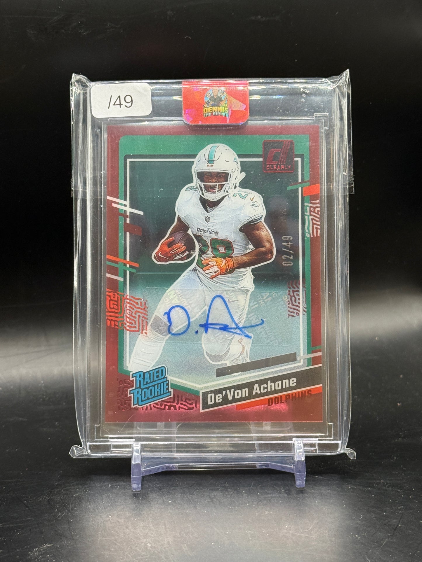 2023 Panini Donruss Clearly De'Von Achane Miami Dolphins Red Auto 02/49