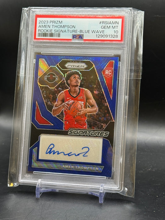 2023-24 Panini Prizm NBA Amen Thompson Houston Rockets Rookie Signature Blue Wave Auto PSA 10 129091328