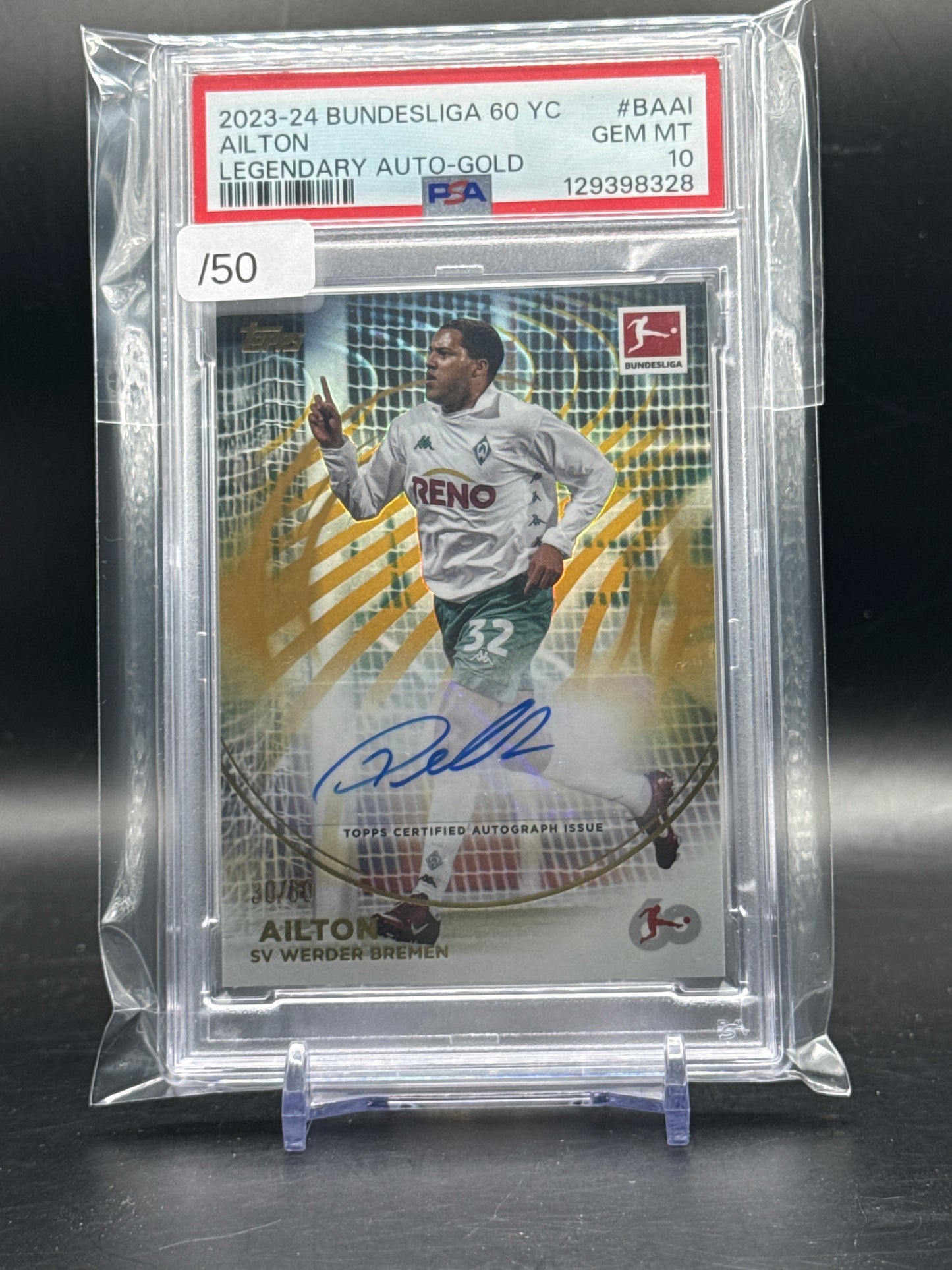 2023-24 Topps Bundesliga 60 Year Ailton Werder Bremen Gold Auto 30/50 PSA 10 129398328