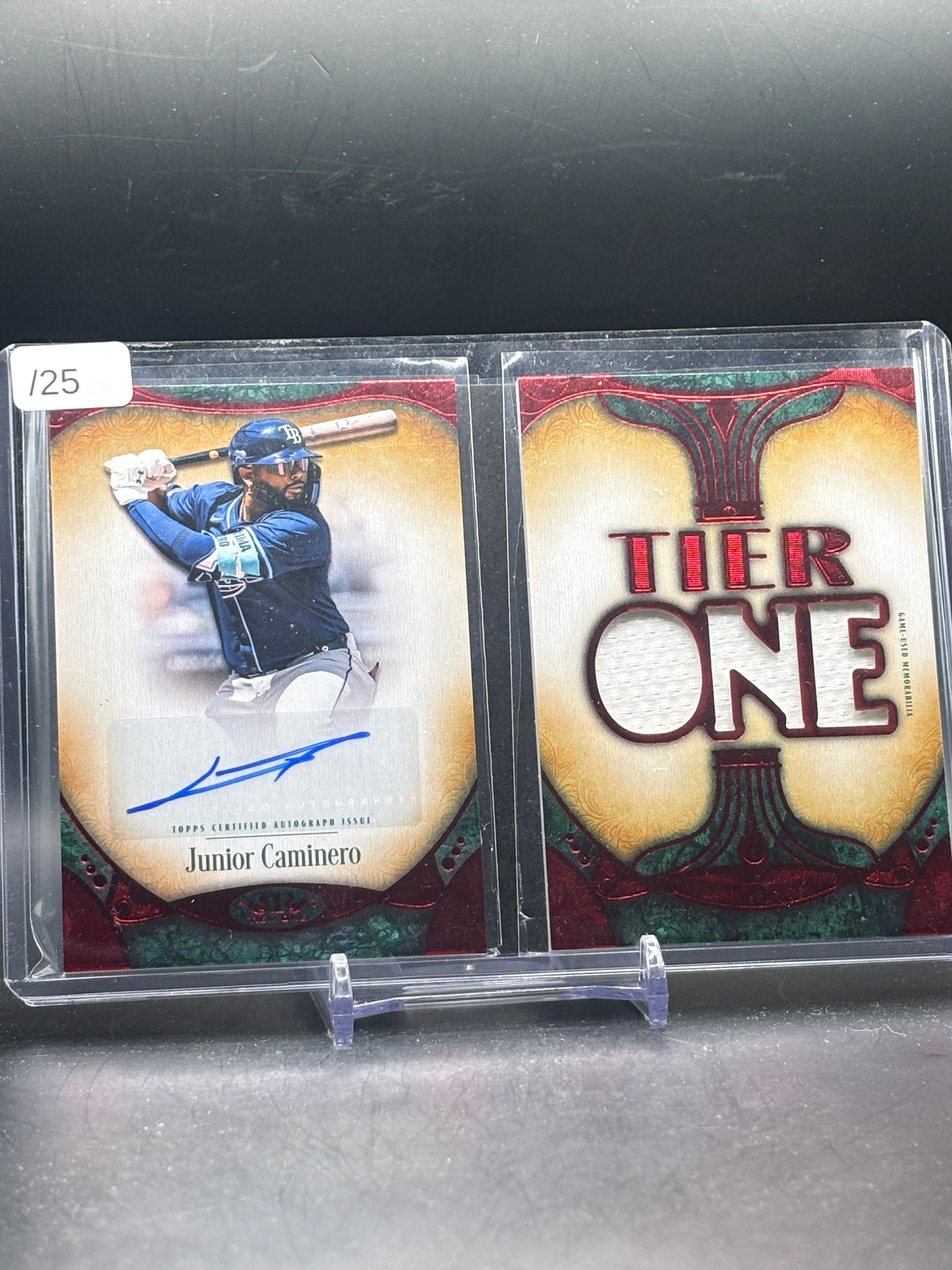 2026 Topps Tier One MLB Junior Caminero Tampa Bay Rays Red Die Cut Booklet Patch Auto 08/25