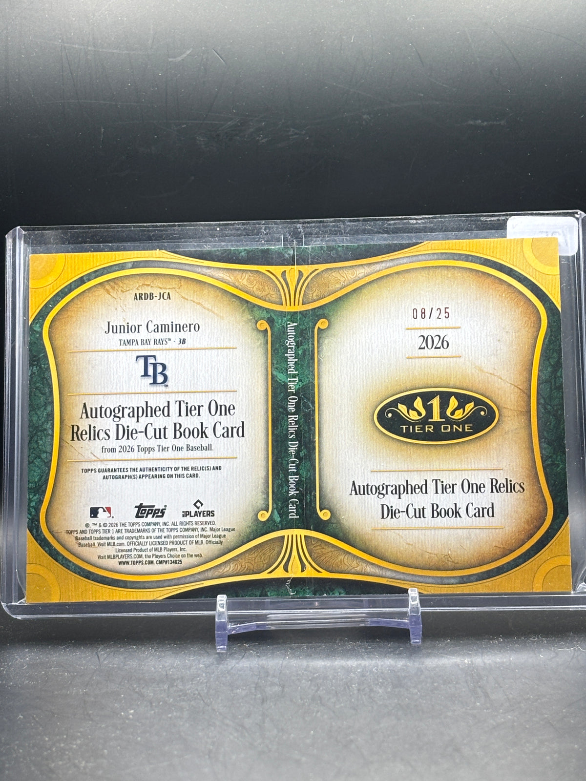 2026 Topps Tier One MLB Junior Caminero Tampa Bay Rays Red Die Cut Booklet Patch Auto 08/25