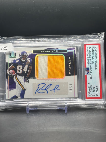 2023 Panini Impeccable NFL Randy Moss Minnesota Vikings Silver Patch Auto 15/25 PSA 9 111976558