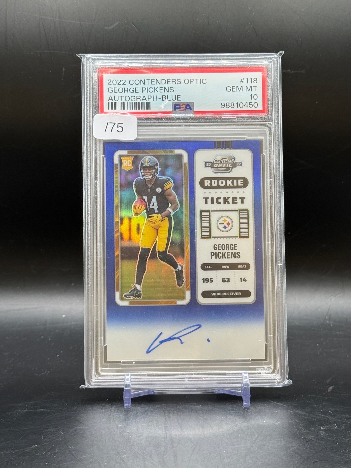 2022 Panini Conteders Optic NFL George Pickens Pittsburgh Steelers Blue Auto 13/75 PSA 10 98810450