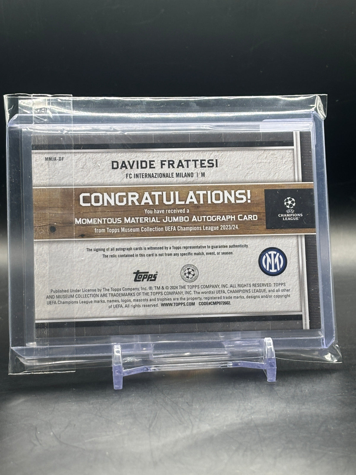 2023-24 Topps Museum Davide Frattesi FC Internazionale Milano Gold Momentus Material Patch Auto 36/50