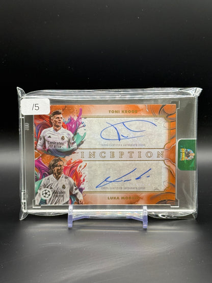 2025-26 Topps Inception UCC Toni Kroos / Luka Modric Real Madrid Orange Auto 5/5