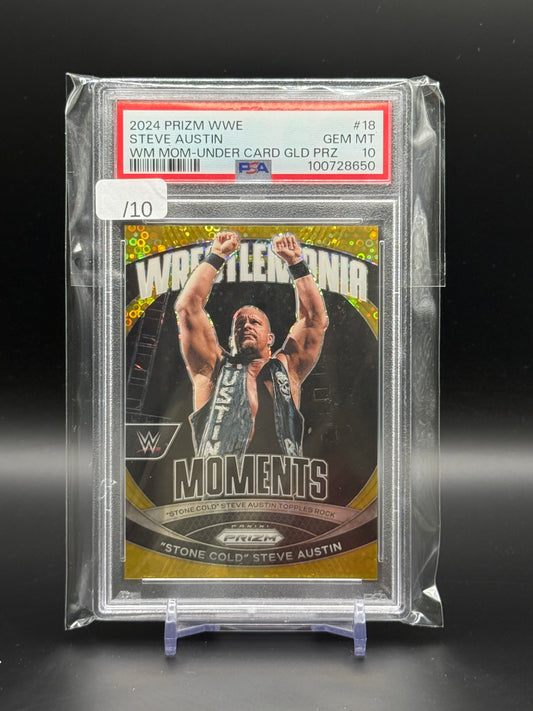 2024 Panini Prizm WWE Stone Cold Steve Austin WM Moments Gold 07/10 PSA 10 100728650