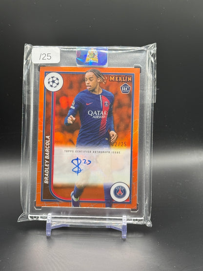 2023-24 Topps Merlin UCC Bradley Barcola Paris Saint-Germain Orange Auto 02/25