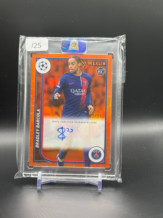 2023-24 Topps Merlin UCC Bradley Barcola Paris Saint-Germain Orange Auto 02/25