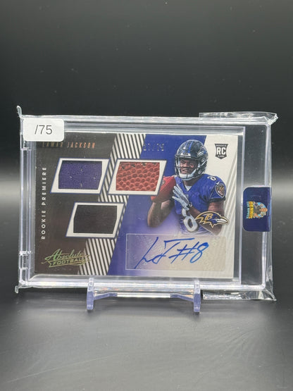 2018 Panini Absolute NFL Lamar Jackson Baltimore Ravens Rookie Premiere Patch Auto 27/75