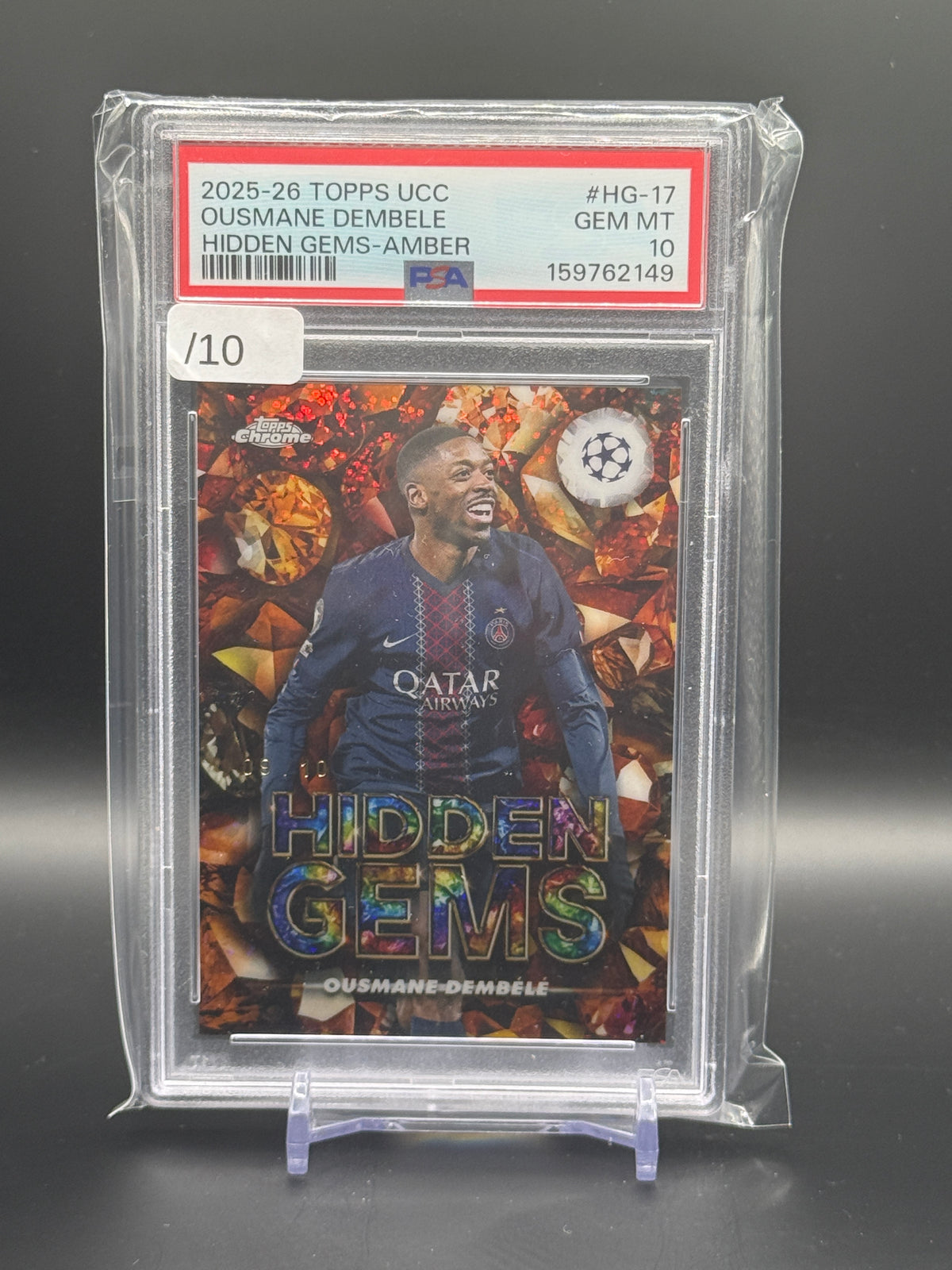 2025-26 Topps Chrome UCC Ousmane Dembele Paris Saint-Germain Amber Hidden Gems 09/10 PSA 10 159762149