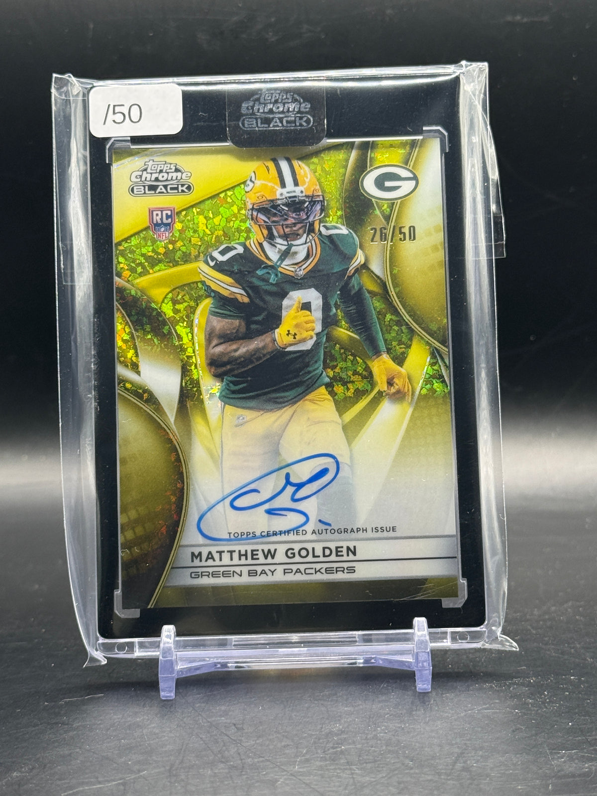 2025 Topps Chrome Black NFL Matthew Golden Green Bay Packers Gold Mini Diamond Auto 26/50